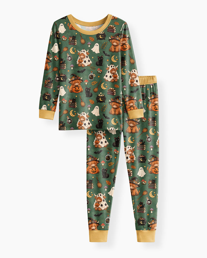 Vintage Highland Cow Halloween Bamboo Two Piece Long Sleeve Pajama Set