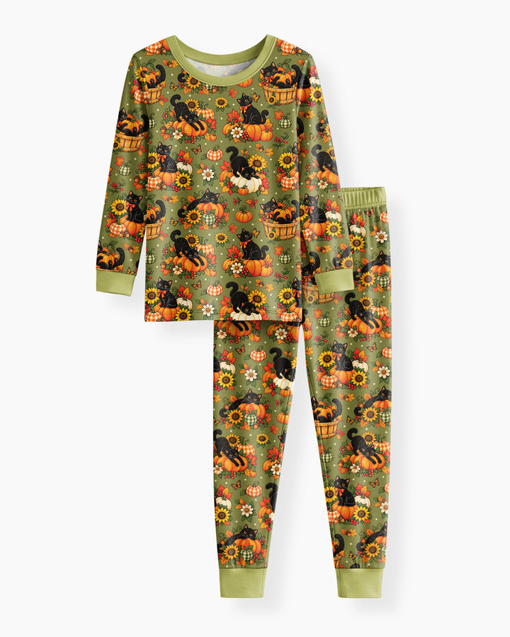 Vintage Black Cat Pumpkin Fall Bamboo Two Piece Long Sleeve Pajama Set