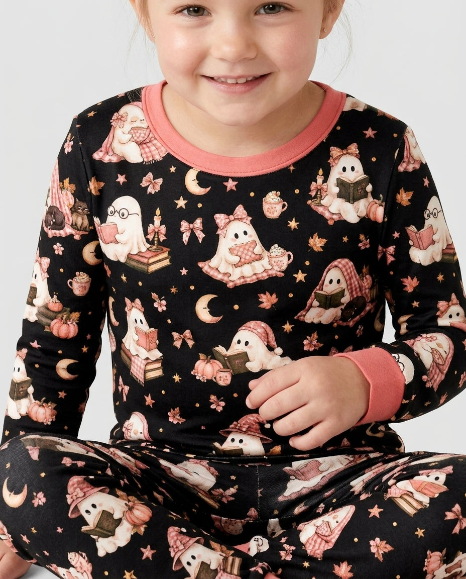 Coquette Bookish Ghost Halloween Bamboo Two Piece Long Sleeve Pajama Set