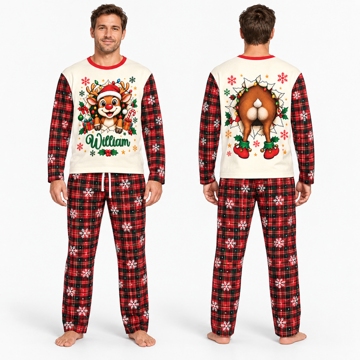 Cute Reindeer in Santa Hat Bamboo Men's Pajama Set