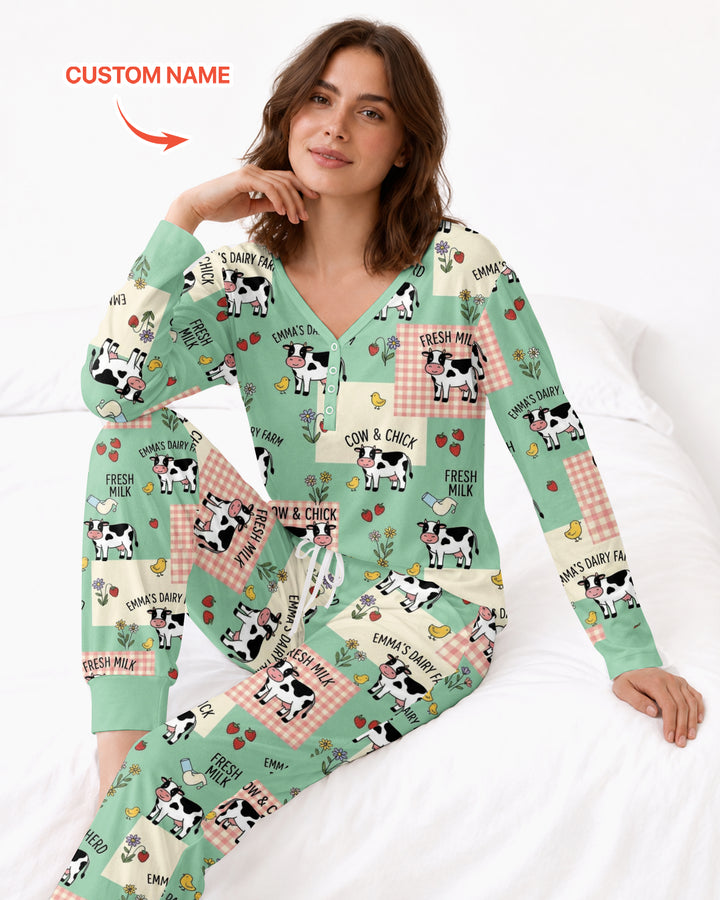Custom Name Minty Farm And A Tiny Chick Bamboo Women Pajama Set
