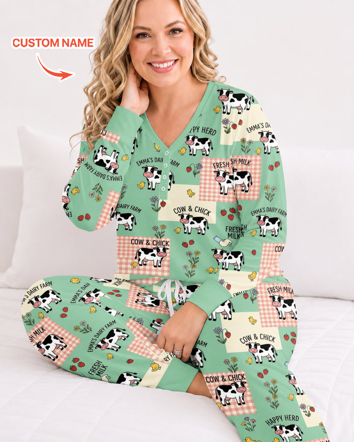 Custom Name Minty Farm And A Tiny Chick Bamboo Women Pajama Set