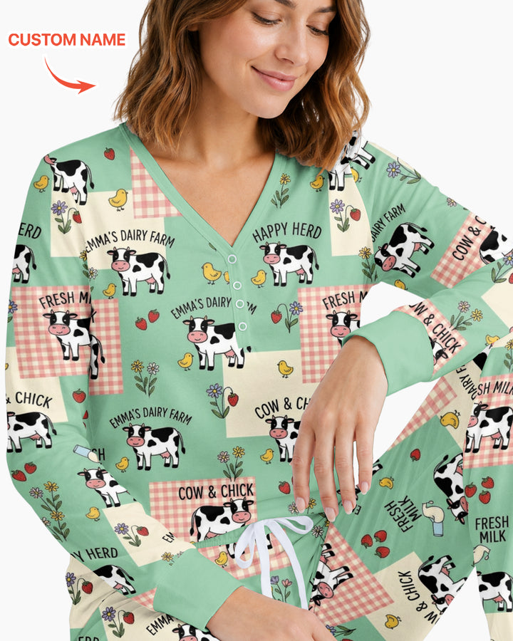 Custom Name Minty Farm And A Tiny Chick Bamboo Women Pajama Set