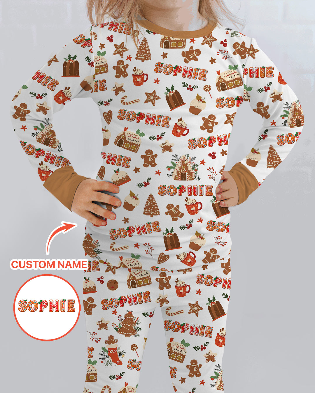 Personalized Gingerbread Christmas Bamboo Two Piece Long Sleeve Pajama Set