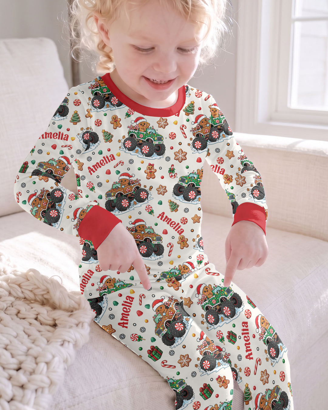 Custom Name Monster Truck Gingerbread Bamboo Two Piece Long Sleeve Pajama Set