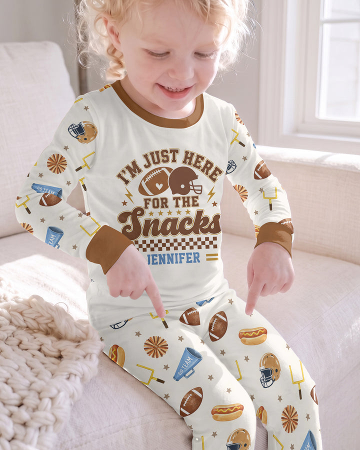 Custom Name Football I'm Just Here For The Snacks Bamboo Two Piece Long Sleeve Pajama Set