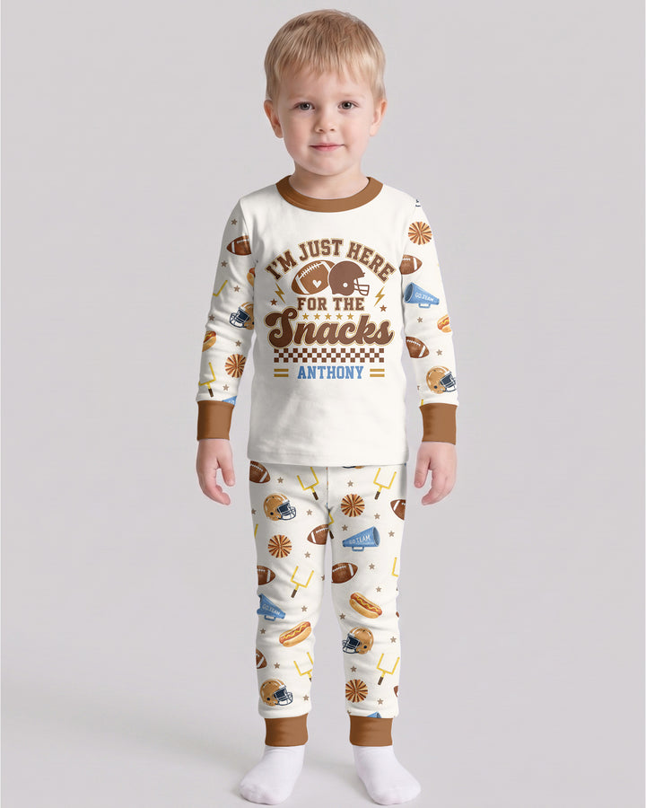 Custom Name Football I'm Just Here For The Snacks Bamboo Two Piece Long Sleeve Pajama Set