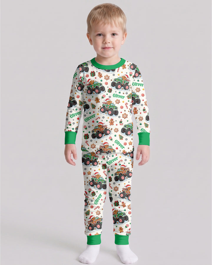 Custom Name Monster Truck Gingerbread Bamboo Two Piece Long Sleeve Pajama Set