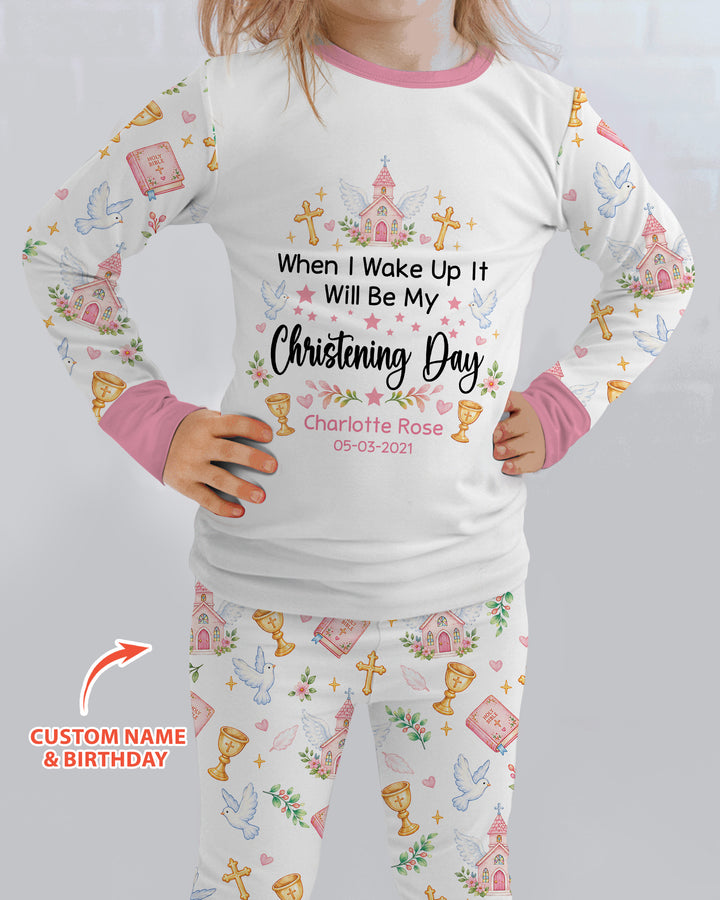 Personalized When I Wake Up It Will Be My Christening Day Bamboo Two Piece Long Sleeve Pajama Set