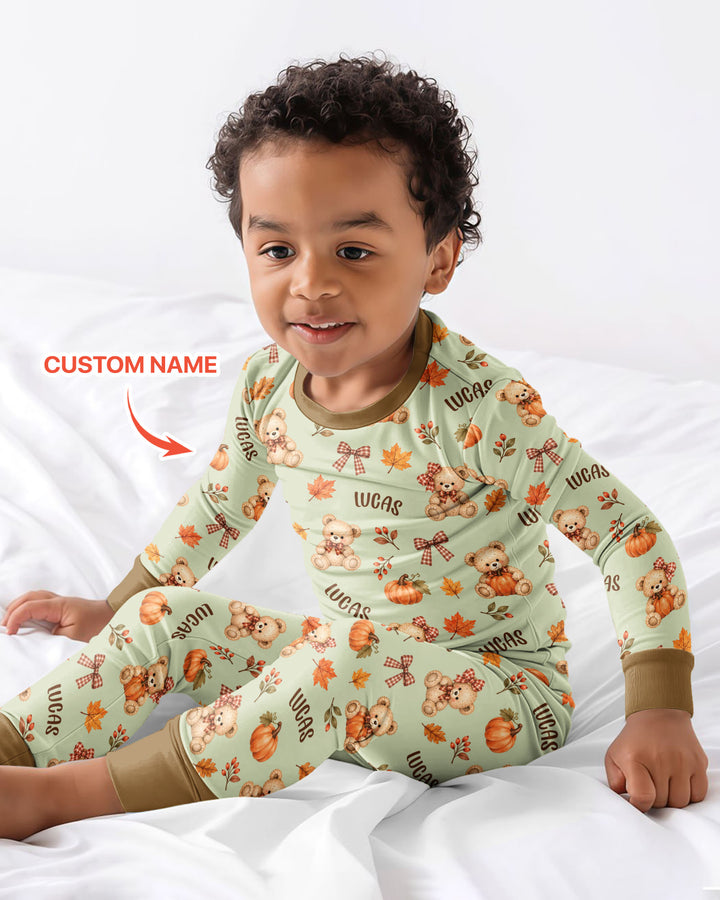 Fall Gingham Bow Teddy Bear Bamboo Two Piece Long Sleeve Pajama Set