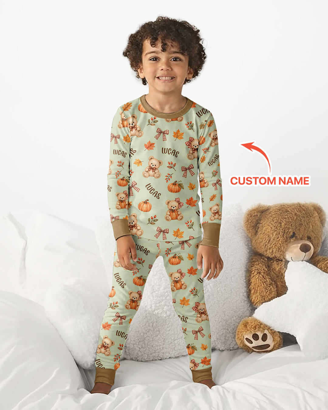Fall Gingham Bow Teddy Bear Bamboo Two Piece Long Sleeve Pajama Set