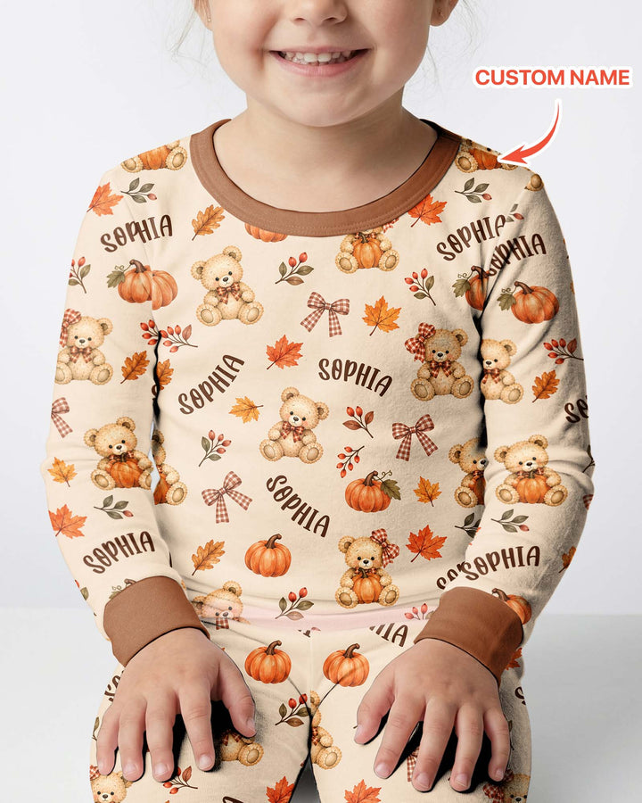 Fall Gingham Bow Teddy Bear Bamboo Two Piece Long Sleeve Pajama Set
