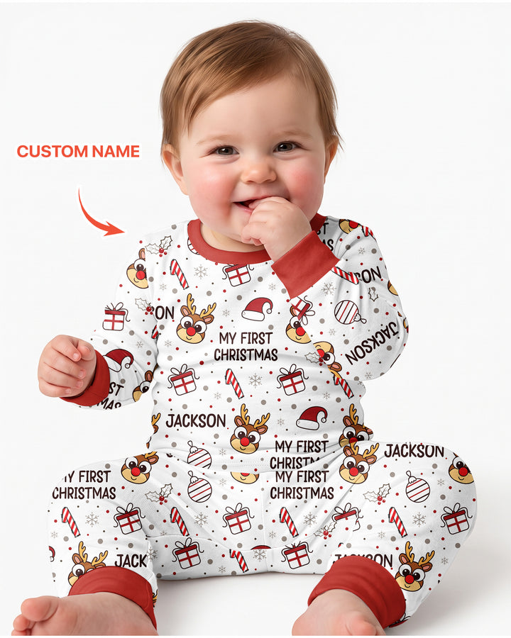 Custom Name Reindeer Doodle My First Christmas Bamboo Two Piece Long Sleeve Pajama Set