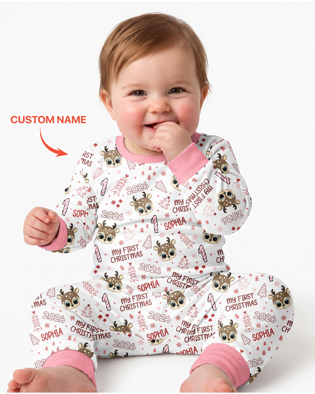 Custom Name Cute Reindeer My First Christmas Bamboo Two Piece Long Sleeve Pajama Set