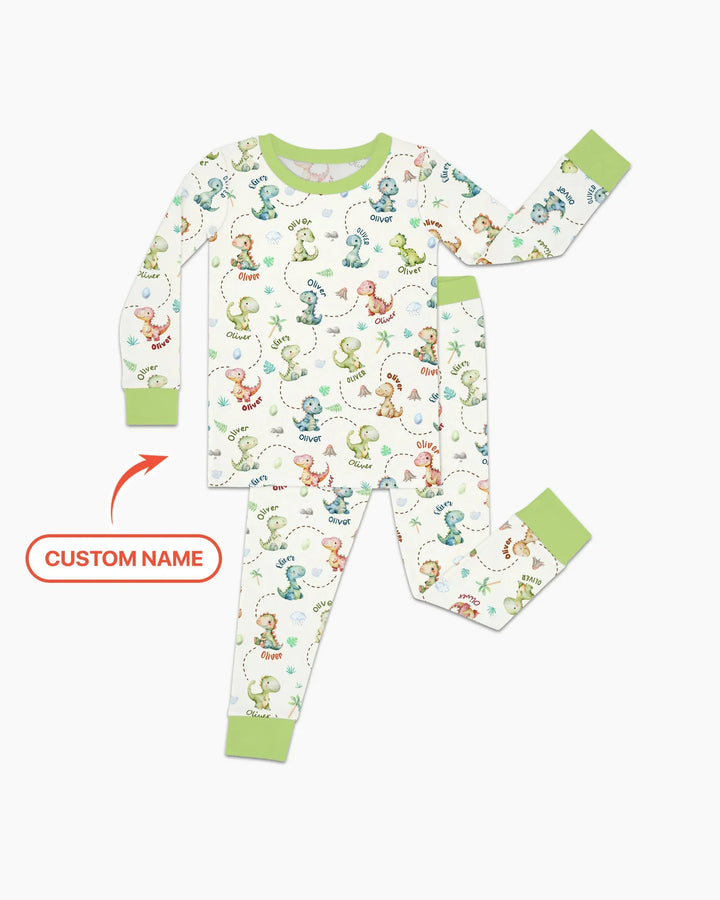 Personalized Dino Friends Bamboo Two Piece Long Sleeve Pajama Set