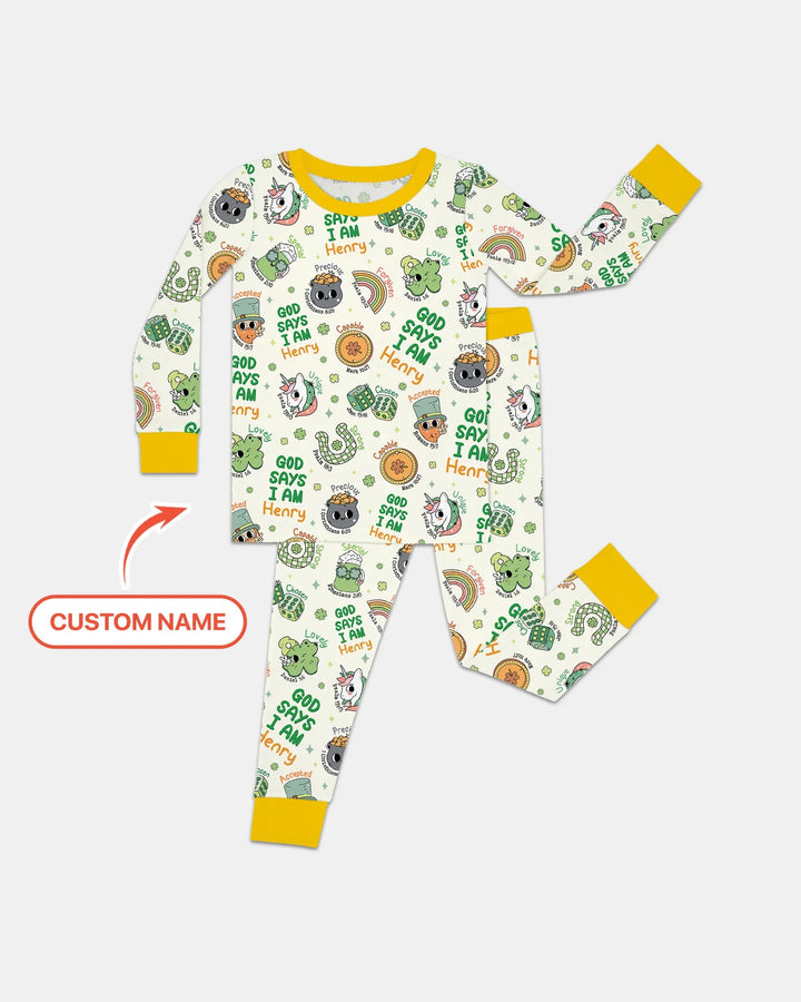 Personalized God Says I Am St. Patrick's Day Family Matching Bamboo Two Piece Long Sleeve Pajama Set