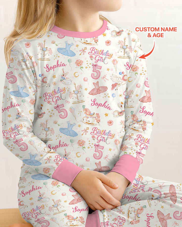 Ballerina Birthday Girl Custom Name & Age Bamboo Two Piece Long Sleeve Pajama Set