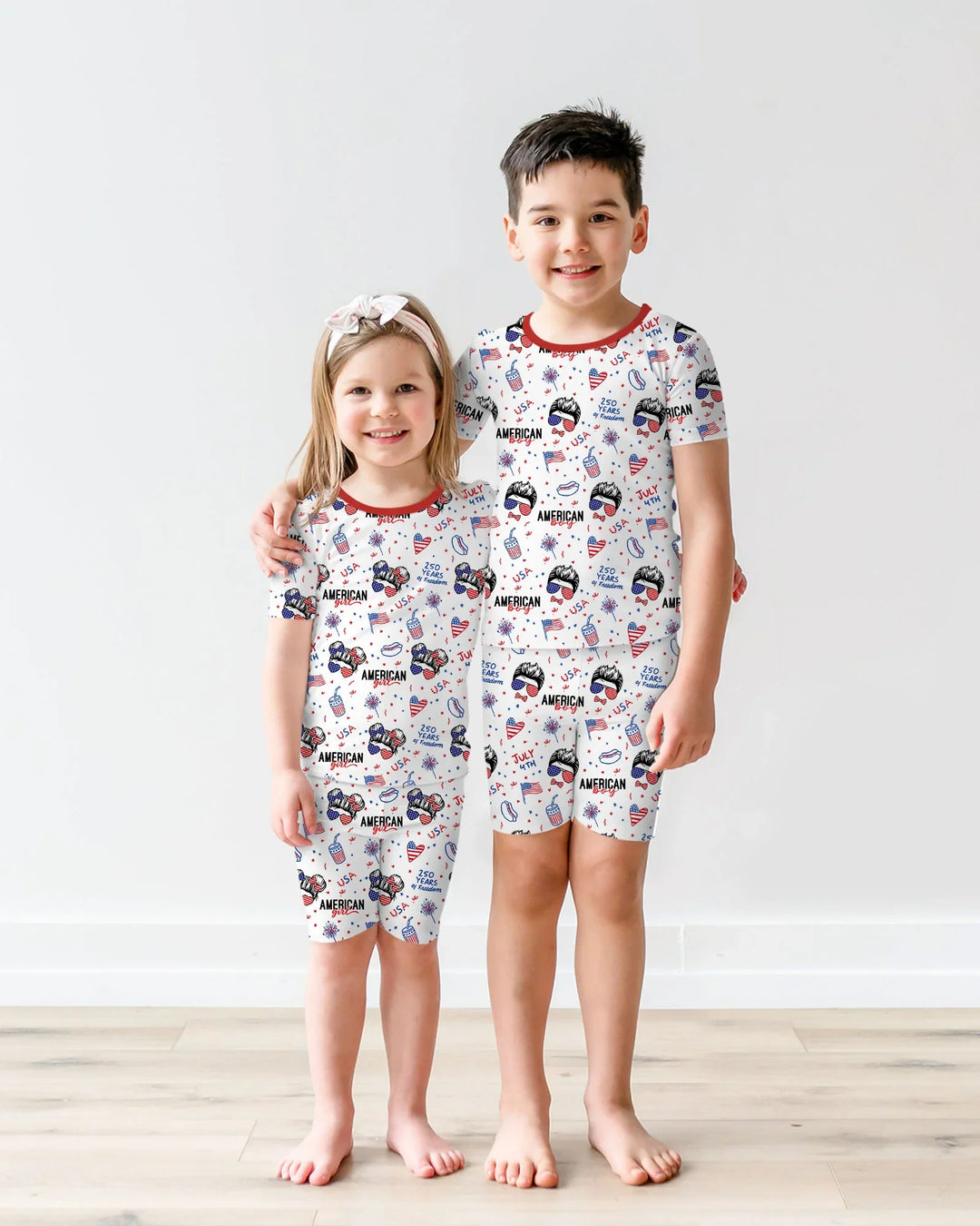 Doodle American Flag Glasses Family Matching Bamboo Two Piece Short Sleeve Shorts Pajama Set