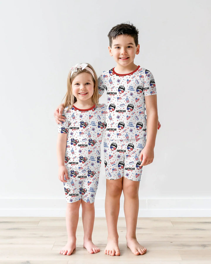 Doodle American Flag Glasses Family Matching Bamboo Two Piece Short Sleeve Shorts Pajama Set
