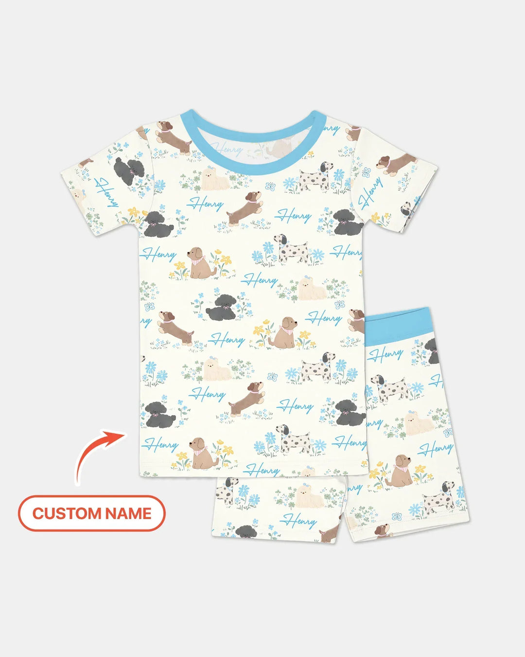 Custom Name Flower Dogs Bamboo Two Piece Short Sleeve Shorts Pajama Set