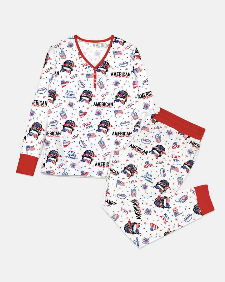 Doodle American Flag Gläser Familie Passender Bambus Damen Schlafanzug-Set