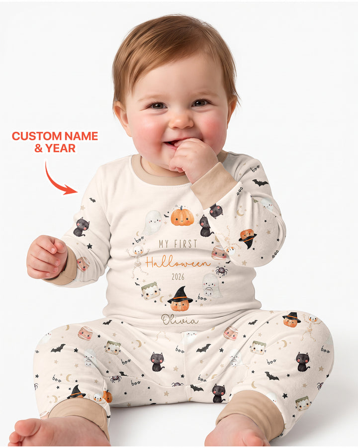 Personalised Baby First Halloween Bamboo Two Piece Long Sleeve Pajama Set
