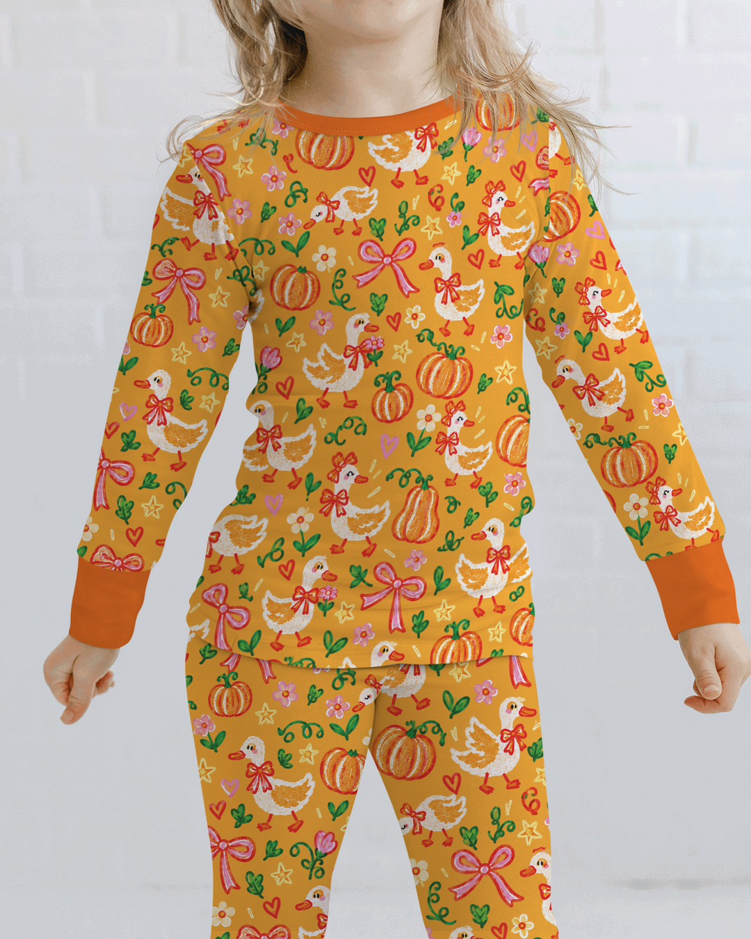 Cute Duck Pumpkin Fall Bamboo Two Piece Long Sleeve Pajama Set