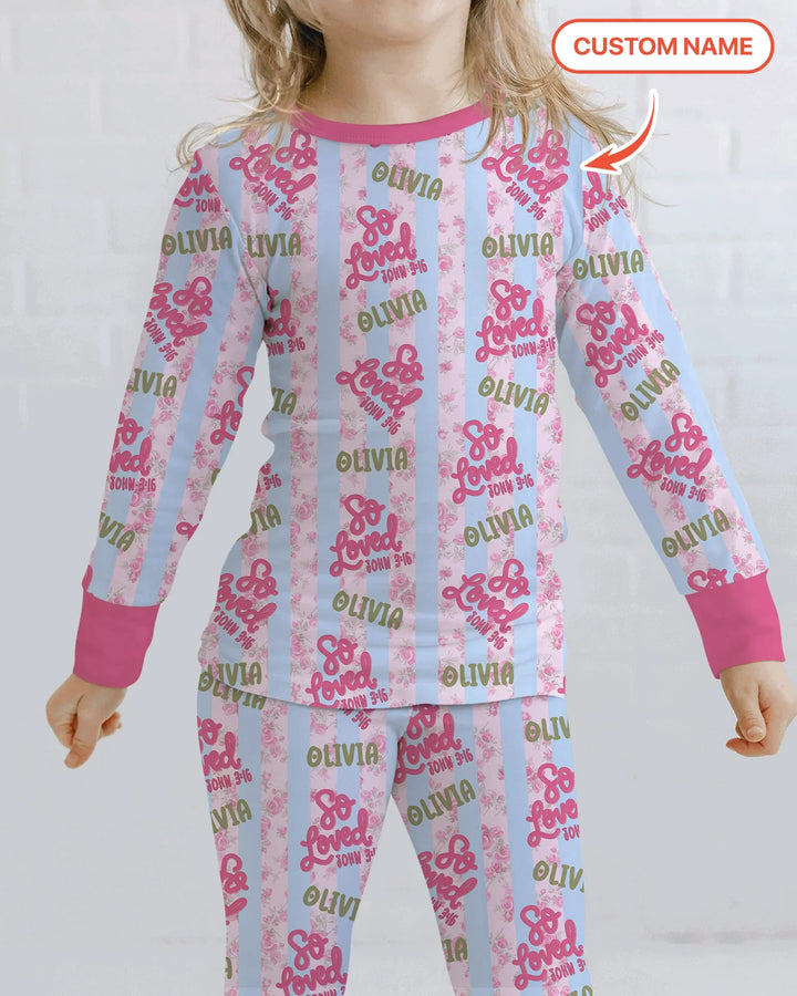 So Loved Custom Name Bamboo Two Piece Long Sleeve Pajama Set