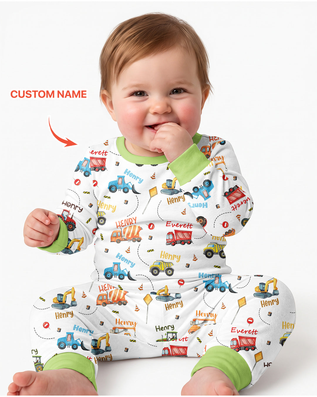 Construction Vehicles Custom Name Bamboo Two Piece Long Sleeve Pajama Set