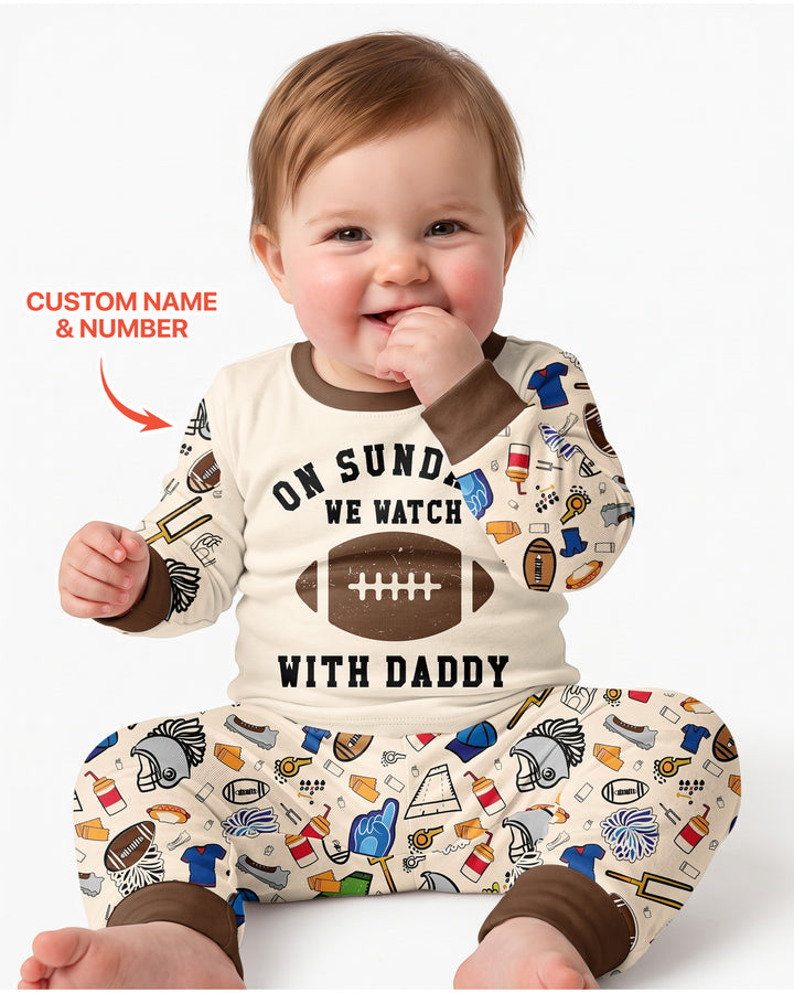 On Sundays We Watch Football With Daddy Family Matching Bamboo Two Piece Long Sleeve Pajama Set