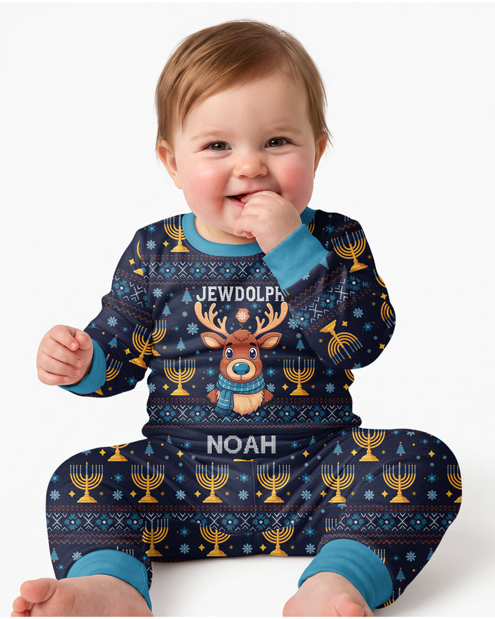 Custom Name Jewdolph Hanukkah Bamboo Two Piece Long Sleeve Pajama Set