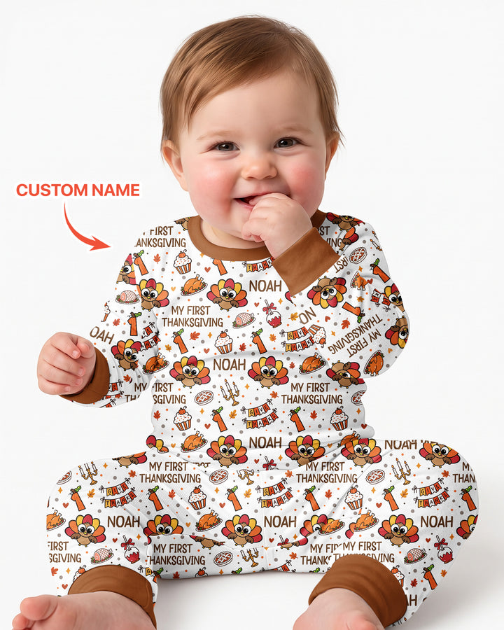 Custom Name Doodle Turkey My First Thanksgiving Bamboo Two Piece Long Sleeve Pajama Set