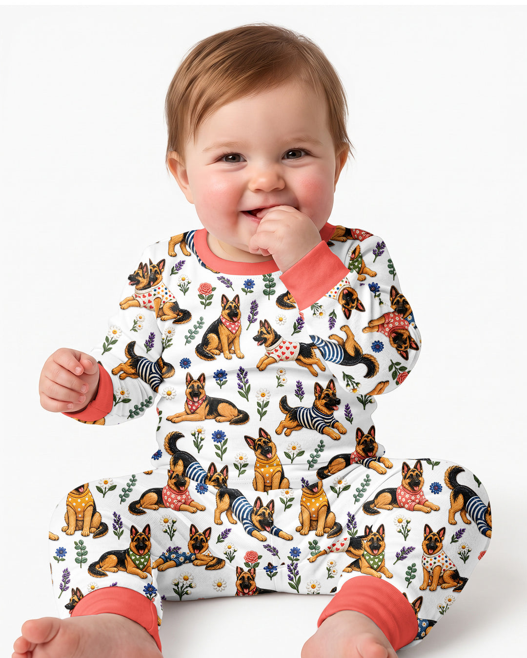 Floral German Shepherds Bamboo Two Piece Long Sleeve Pajama Set