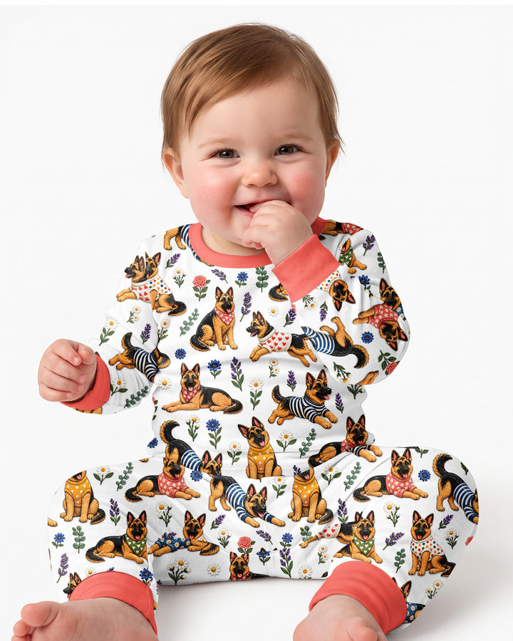 Floral German Shepherds Bamboo Two Piece Long Sleeve Pajama Set