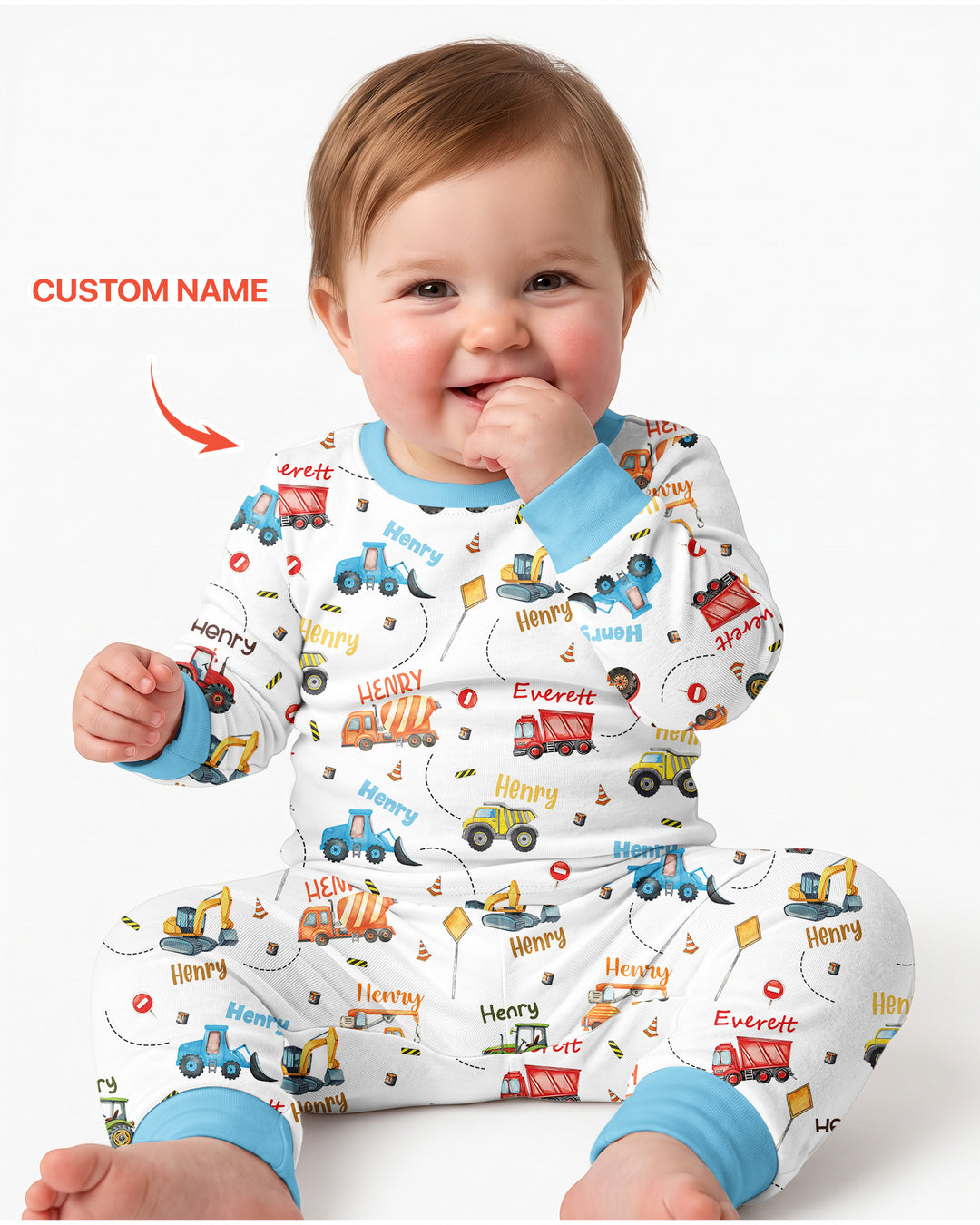 Construction Vehicles Custom Name Bamboo Two Piece Long Sleeve Pajama Set