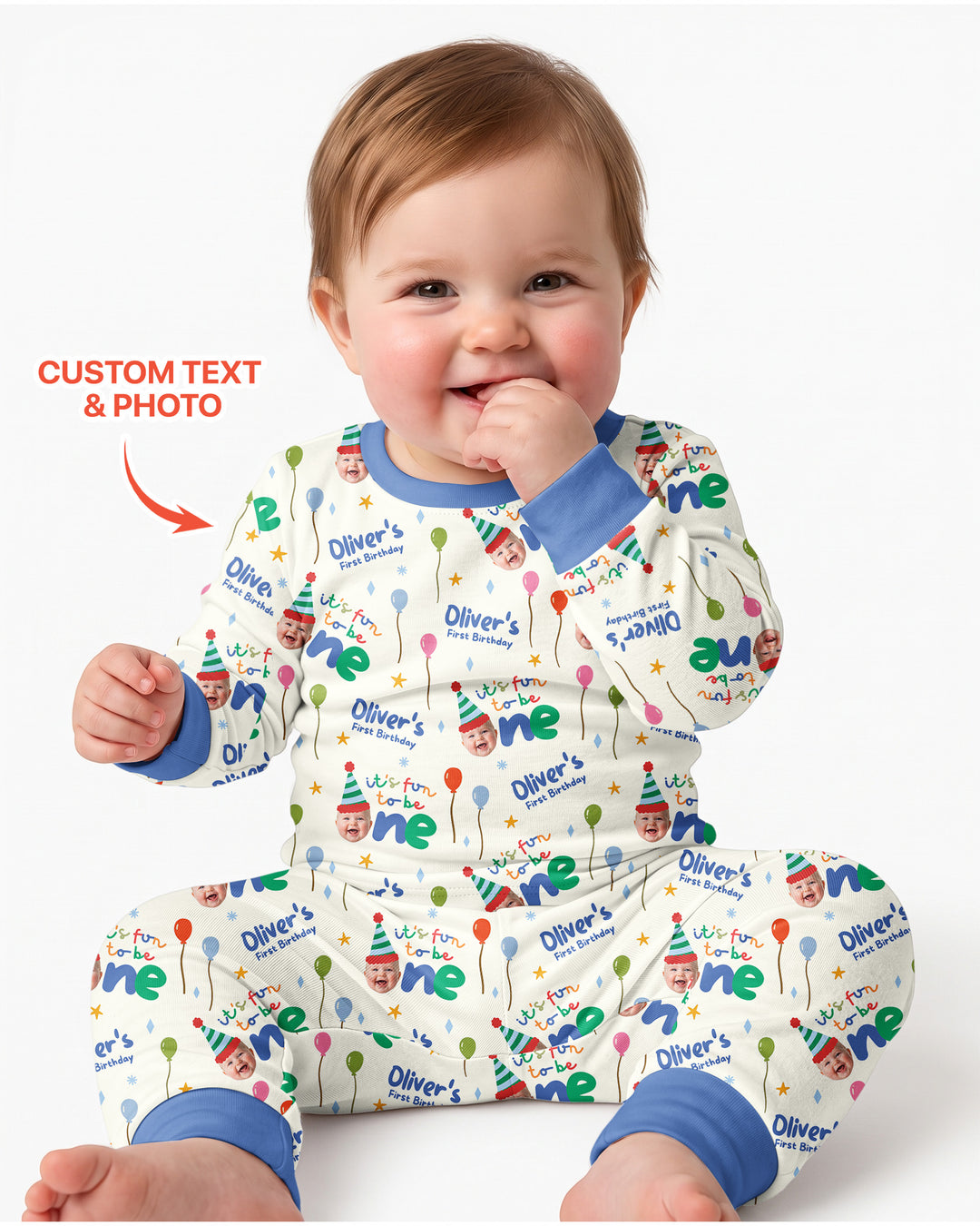 Custom Photo First Birthday Fun Bamboo Two Piece Long Sleeve Pajama Set