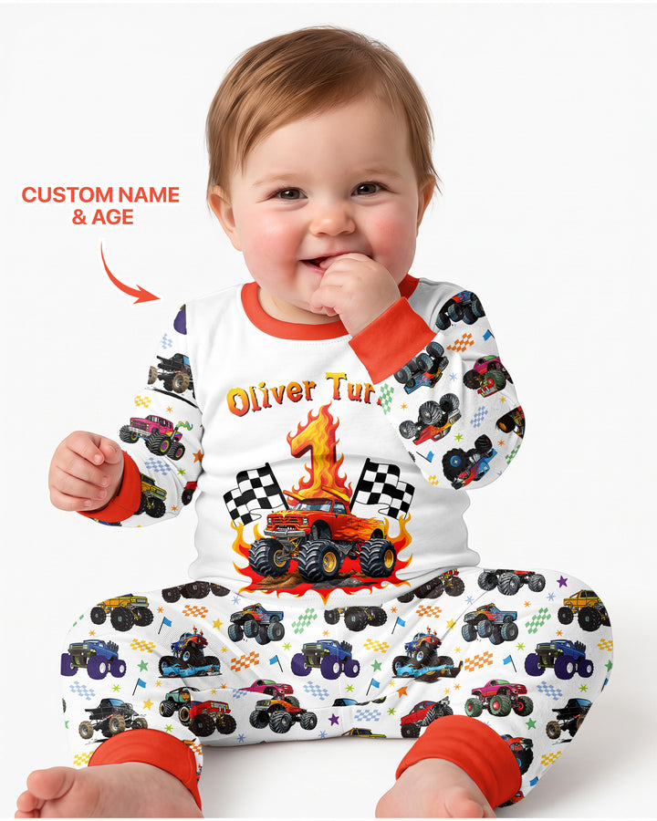 Monster Truck Birthday Boy Custom Name & Age Bamboo Two Piece Long Sleeve Pajama Set