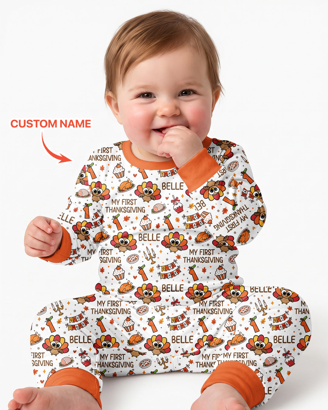 Custom Name Doodle Turkey My First Thanksgiving Bamboo Two Piece Long Sleeve Pajama Set