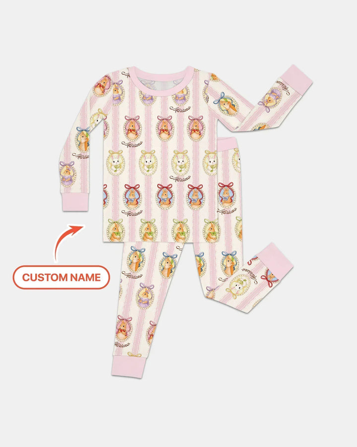 Custom Name Vintage Easter Bunny Bamboo Two Piece Long Sleeve Pajama Set