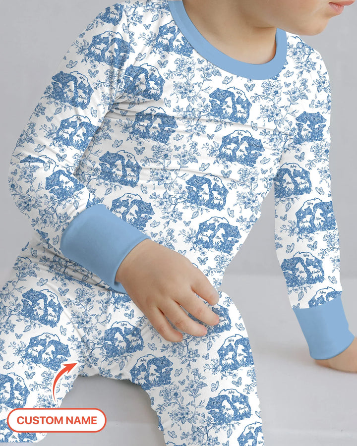Custom Name Mama Bear Toile Bamboo Two Piece Long Sleeve Pajama Set