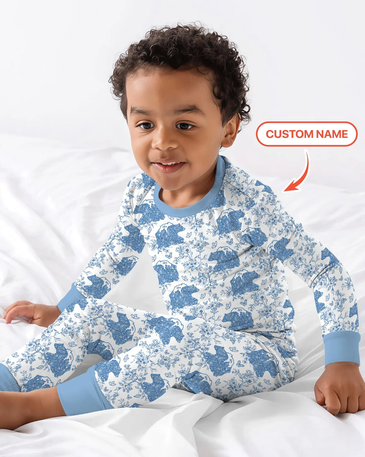 Custom Name Mama Bear Toile Bamboo Two Piece Long Sleeve Pajama Set