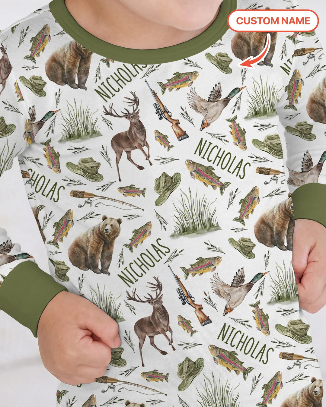 Custom Name Little Hunter Bamboo Two Piece Long Sleeve Pajama Set