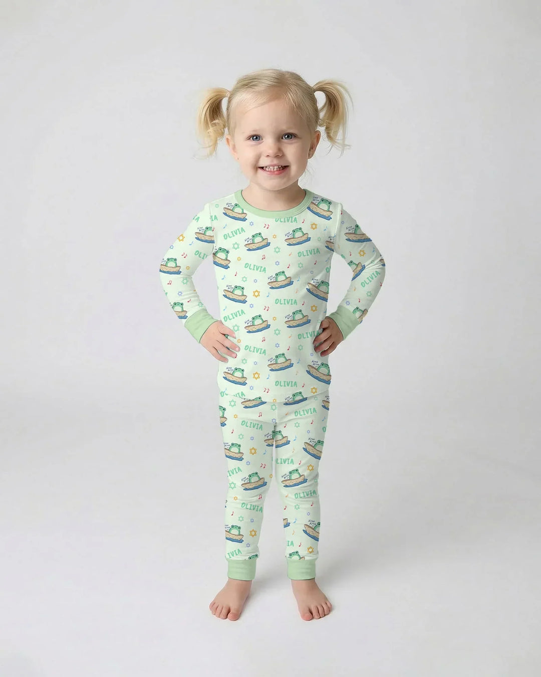 Frogs Here, Frogs There Passover Custom Name Bamboo Two Piece Long Sleeve Pajama Set