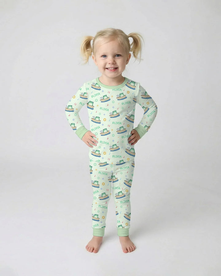 Frogs Here, Frogs There Passover Custom Name Bamboo Two Piece Long Sleeve Pajama Set