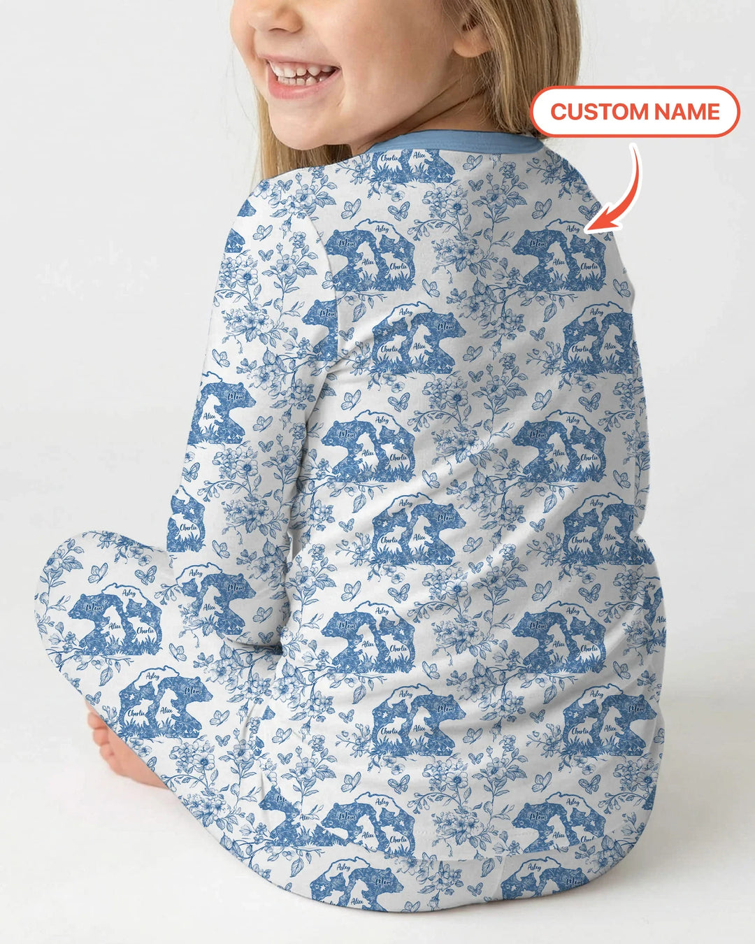 Custom Name Mama Bear Toile Bamboo Two Piece Long Sleeve Pajama Set