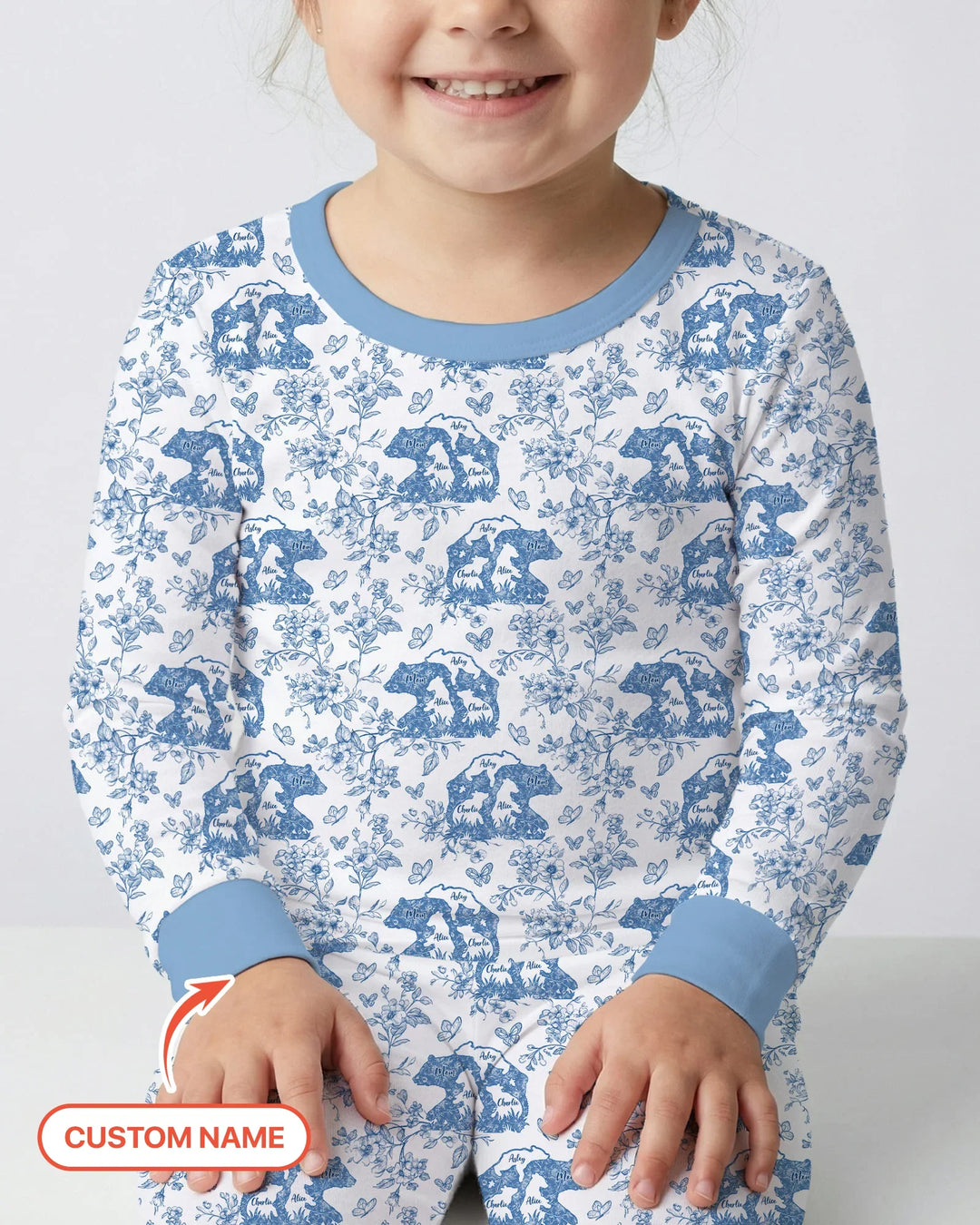 Custom Name Mama Bear Toile Bamboo Two Piece Long Sleeve Pajama Set