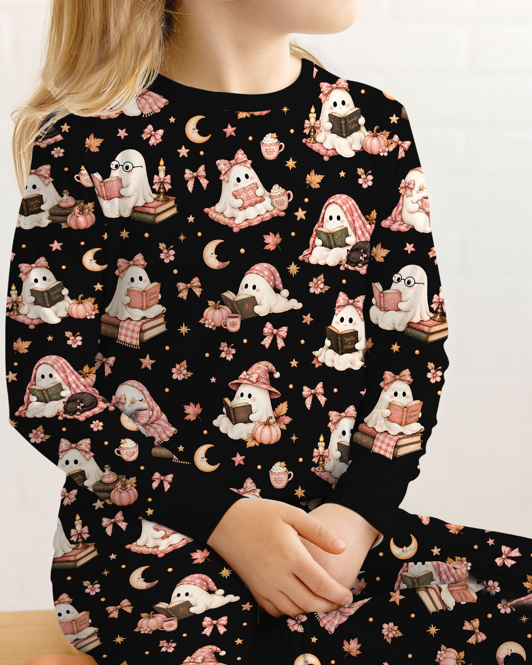 Coquette Bookish Ghost Halloween Bamboo Two Piece Long Sleeve Pajama Set