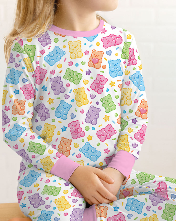 Cute Pastel Colorful Gummy Bears Bamboo Two Piece Long Sleeve Pajama Set