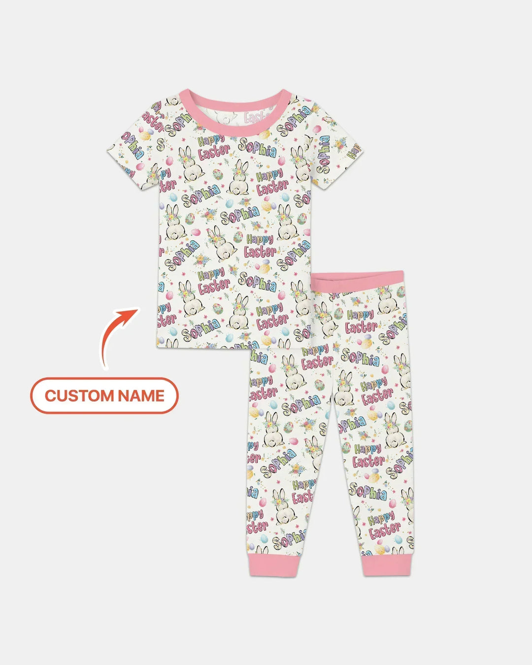 Personalized Happy Easter Bunny Bamboo Two Piece Short Sleeve Pajama Set