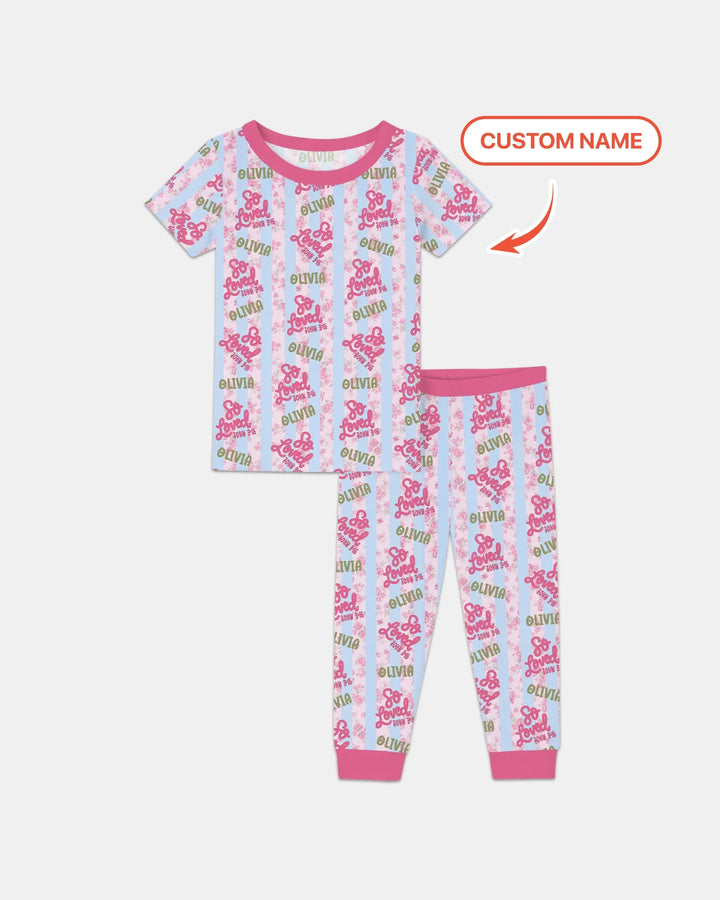 So Loved Custom Name  Bamboo Two Piece Short Sleeve Pajama Set